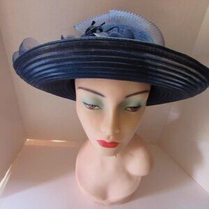 Wide Brim Navy Blue Straw Hat with Flower Accents joe bill miller